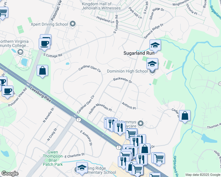 map of restaurants, bars, coffee shops, grocery stores, and more near 46815 Gunflint Way in Sterling