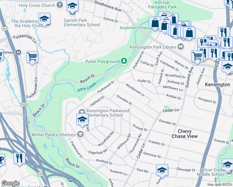 map of restaurants, bars, coffee shops, grocery stores, and more near 4521 Dresden Street in Kensington