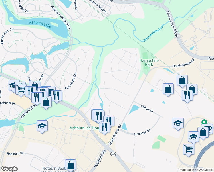map of restaurants, bars, coffee shops, grocery stores, and more near 44284 Lord Fairfax Place in Ashburn