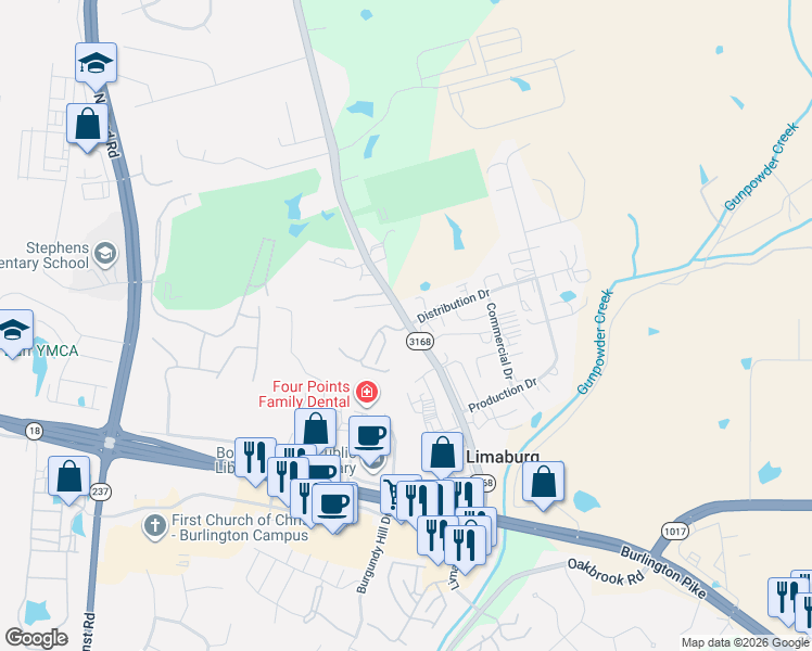 map of restaurants, bars, coffee shops, grocery stores, and more near 3031 Washington Street in Burlington