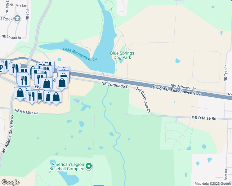 map of restaurants, bars, coffee shops, grocery stores, and more near 29000 Northwest R D Mize Road in Blue Springs