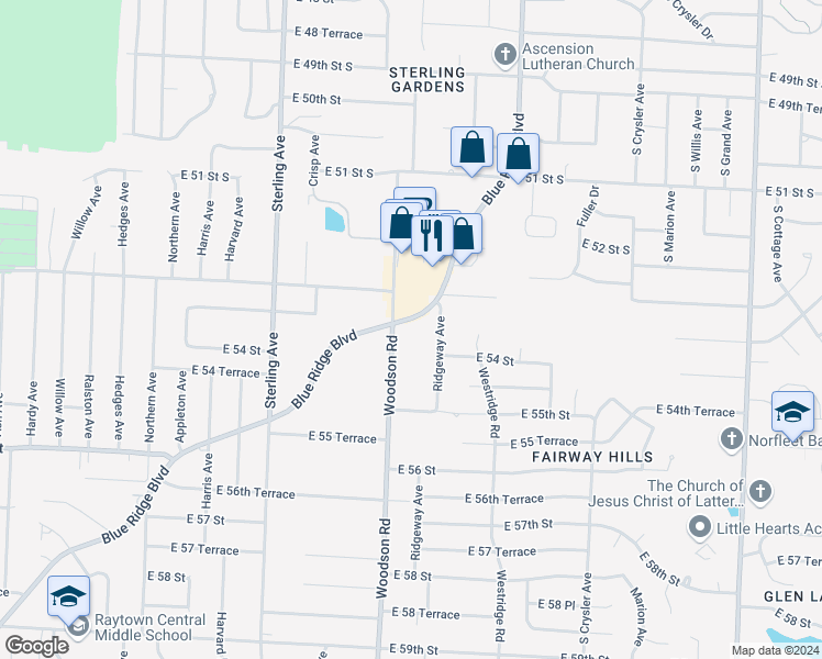 map of restaurants, bars, coffee shops, grocery stores, and more near 5338 Ridgeway Avenue in Kansas City