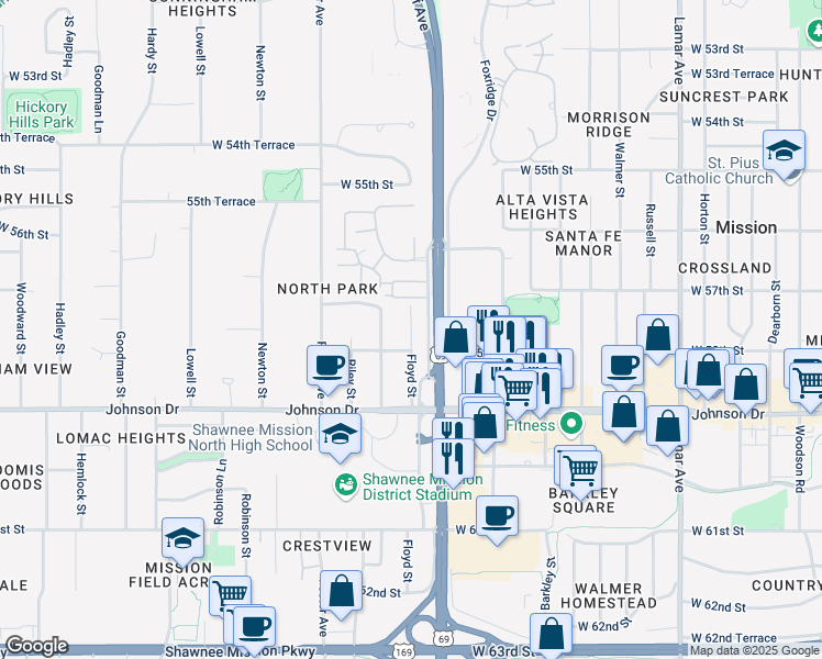 map of restaurants, bars, coffee shops, grocery stores, and more near 5801 Marty Street in Mission