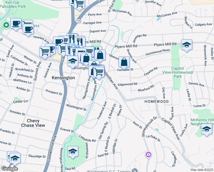 map of restaurants, bars, coffee shops, grocery stores, and more near 10225 Frederick Avenue in Kensington