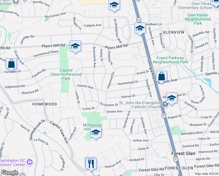 map of restaurants, bars, coffee shops, grocery stores, and more near 10303 Haywood Drive in Silver Spring