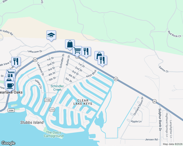 map of restaurants, bars, coffee shops, grocery stores, and more near 13324 Anchor Village in Clearlake Oaks
