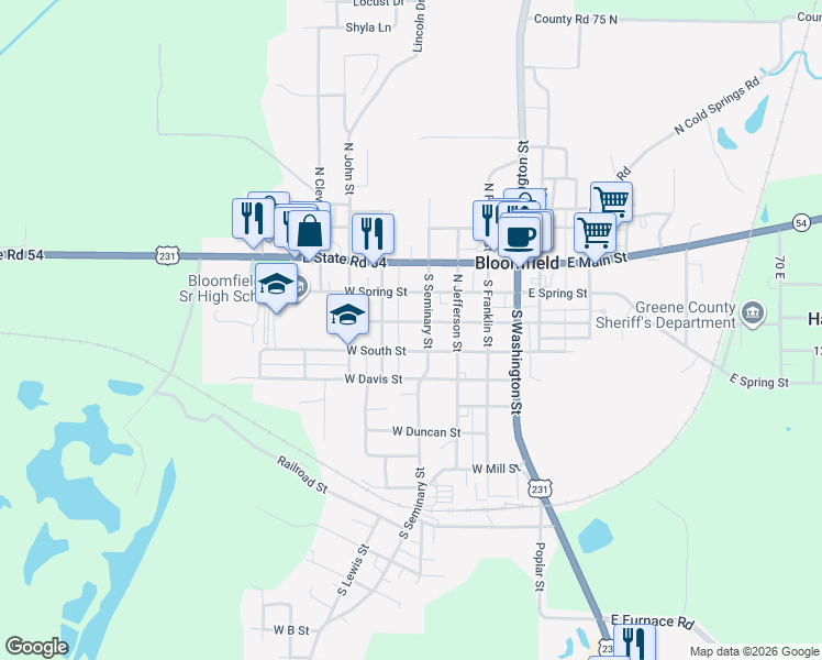 map of restaurants, bars, coffee shops, grocery stores, and more near 235 West South Street in Bloomfield