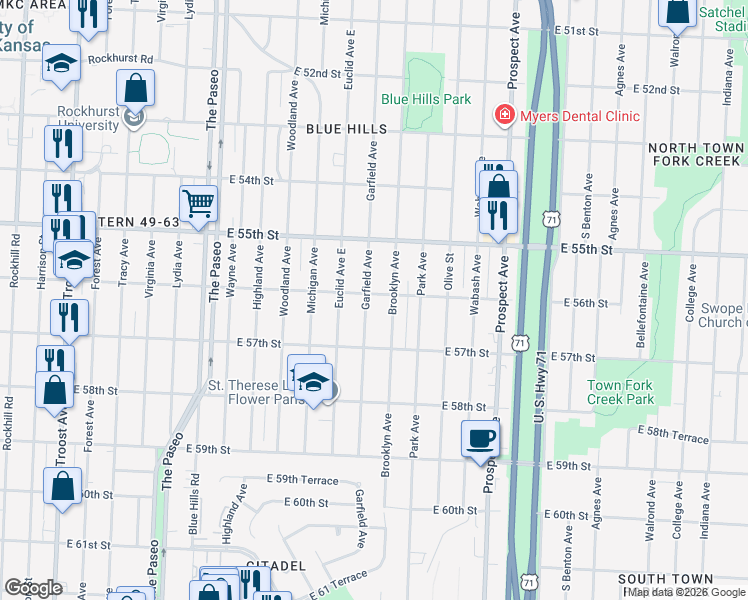 map of restaurants, bars, coffee shops, grocery stores, and more near 5624 Garfield Avenue in Kansas City