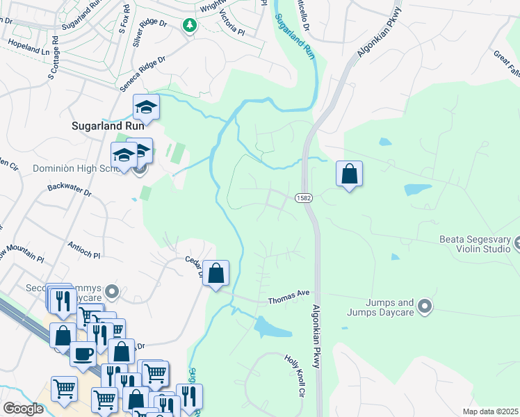 map of restaurants, bars, coffee shops, grocery stores, and more near 21363 Sparrow Place in Sterling