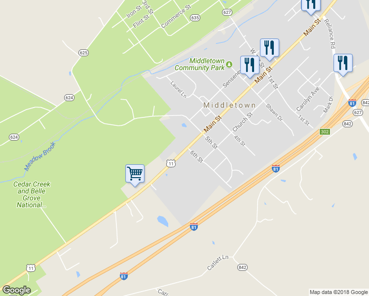 map of restaurants, bars, coffee shops, grocery stores, and more near 8049 Main Street in Middletown