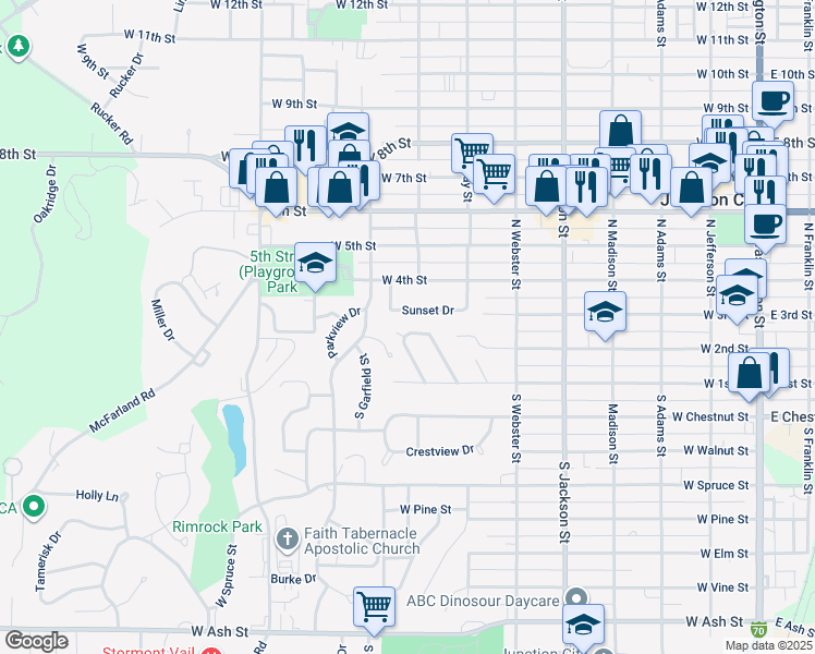 map of restaurants, bars, coffee shops, grocery stores, and more near 34 Riley Manor Circle in Junction City