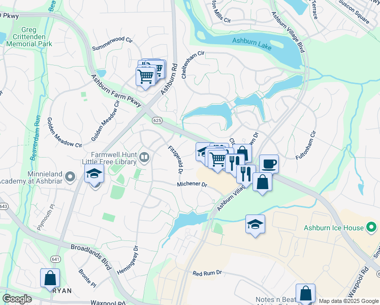 map of restaurants, bars, coffee shops, grocery stores, and more near 43868 Sandburg Square in Ashburn