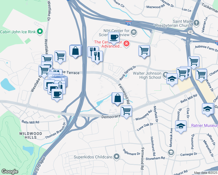 map of restaurants, bars, coffee shops, grocery stores, and more near 10400 Fernwood Road in Bethesda