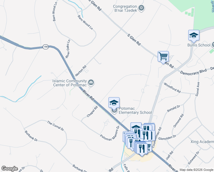 map of restaurants, bars, coffee shops, grocery stores, and more near 10020 Chapel Road in Potomac