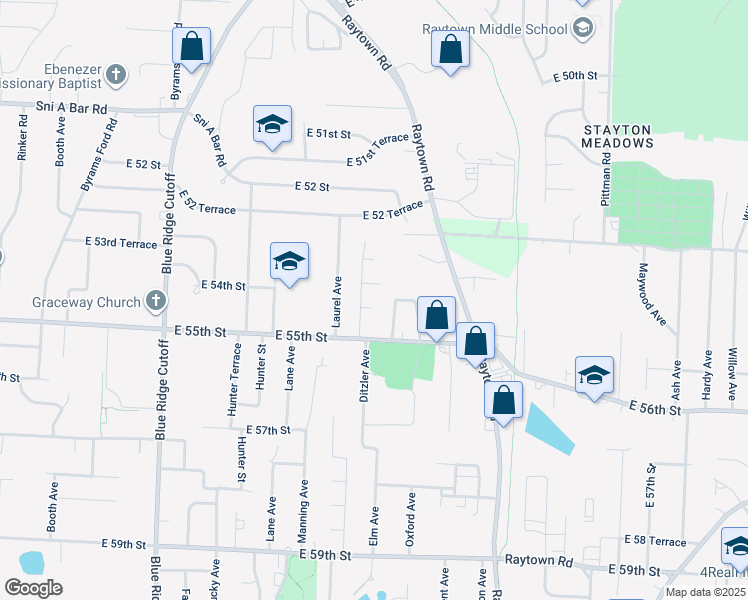 map of restaurants, bars, coffee shops, grocery stores, and more near 5336 Ditzler Avenue in Raytown