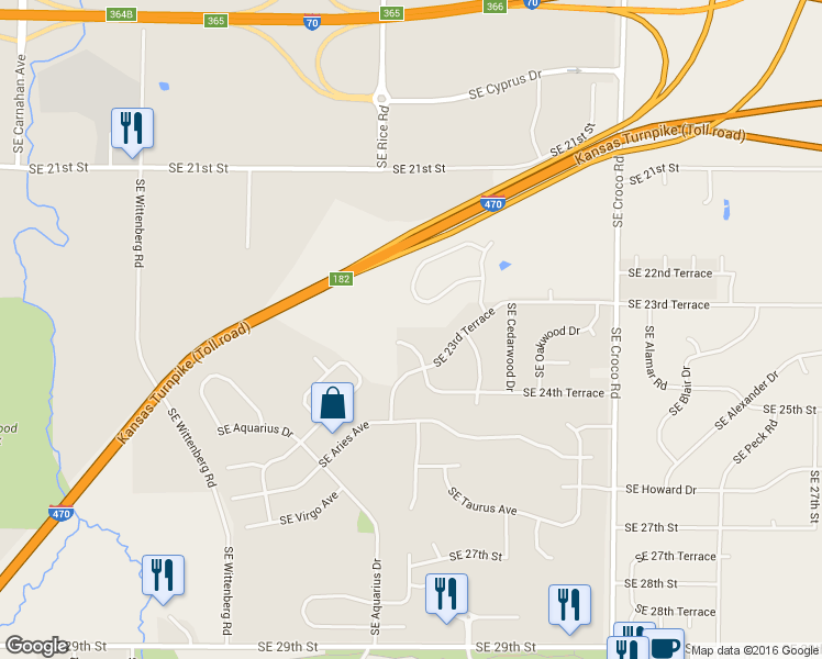 map of restaurants, bars, coffee shops, grocery stores, and more near 2308 SE Sagis Ct in Topeka