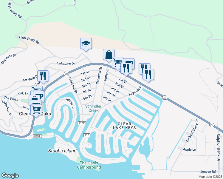 map of restaurants, bars, coffee shops, grocery stores, and more near 13167 2nd Street in Clearlake Oaks