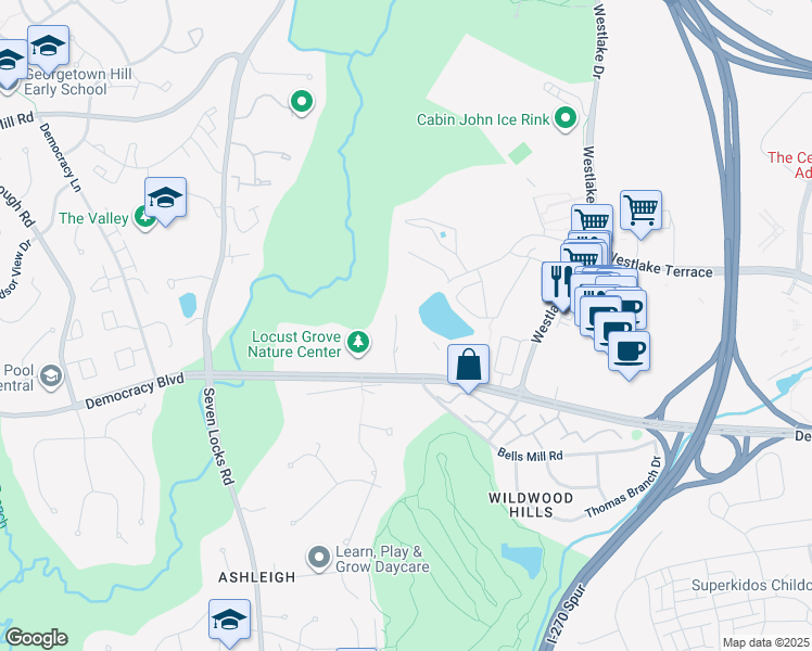 map of restaurants, bars, coffee shops, grocery stores, and more near 7505 Democracy Boulevard in Bethesda