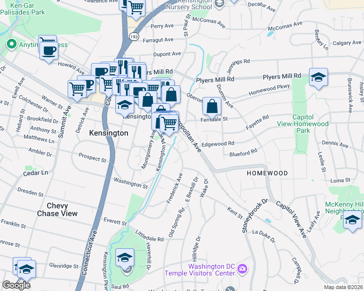 map of restaurants, bars, coffee shops, grocery stores, and more near 10225 Frederick Avenue in Kensington