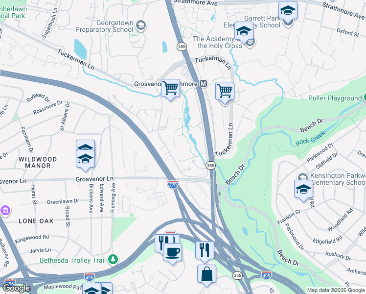 map of restaurants, bars, coffee shops, grocery stores, and more near 10201 Grosvenor Place in Rockville