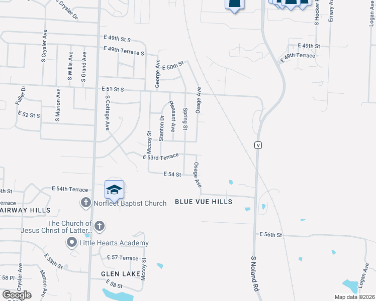 map of restaurants, bars, coffee shops, grocery stores, and more near 13400 East 53 Street in Kansas City