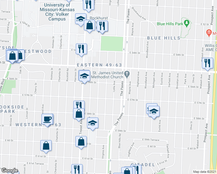 map of restaurants, bars, coffee shops, grocery stores, and more near 5540 Virginia Avenue in Kansas City