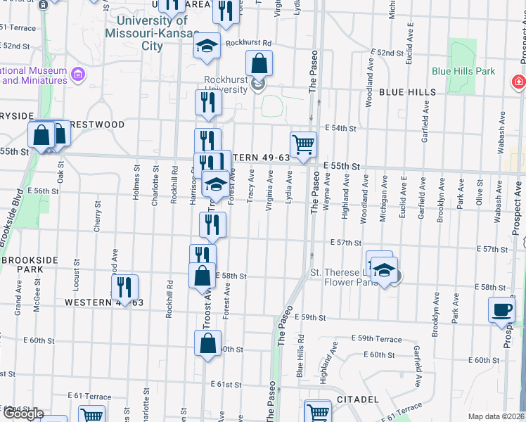 map of restaurants, bars, coffee shops, grocery stores, and more near 5540 Virginia Avenue in Kansas City