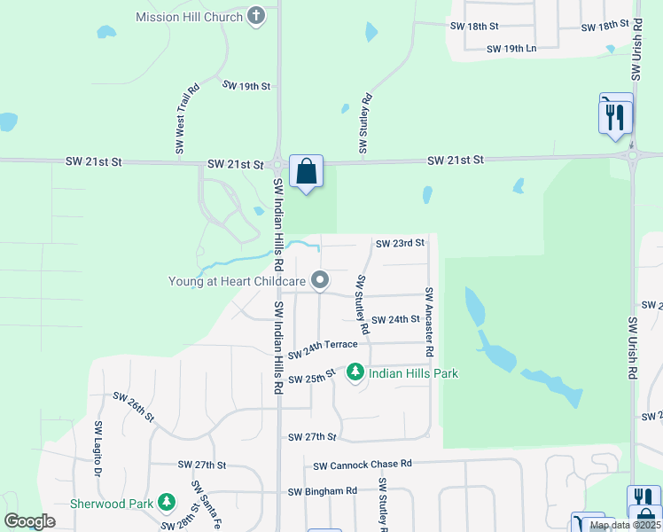 map of restaurants, bars, coffee shops, grocery stores, and more near 2265 Southwest Romar Road in Topeka
