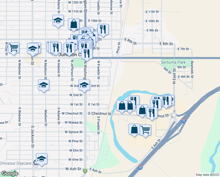 map of restaurants, bars, coffee shops, grocery stores, and more near 200-286 East 3rd Street in Junction City