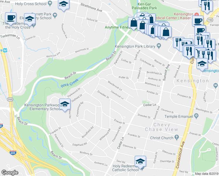 map of restaurants, bars, coffee shops, grocery stores, and more near 4507 Clearbrook Lane in Kensington