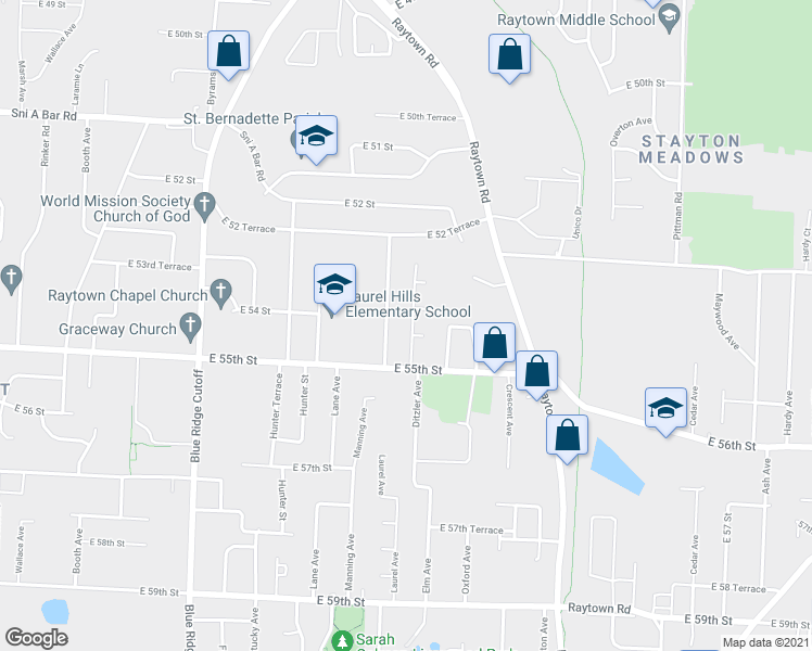 map of restaurants, bars, coffee shops, grocery stores, and more near 5408 Ditzler Avenue in Raytown