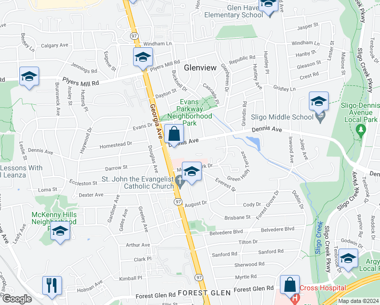 map of restaurants, bars, coffee shops, grocery stores, and more near 2000 Dennis Avenue in Silver Spring