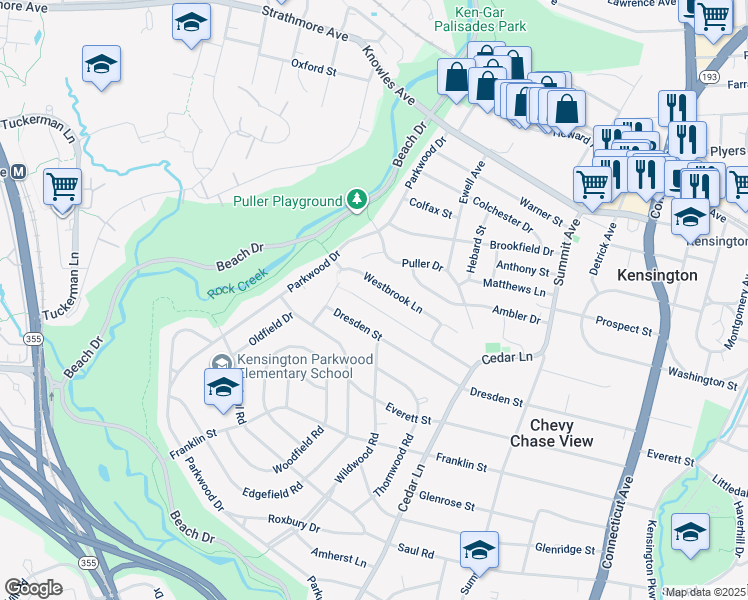 map of restaurants, bars, coffee shops, grocery stores, and more near 4507 Clearbrook Lane in Kensington