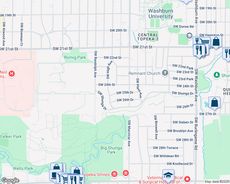 map of restaurants, bars, coffee shops, grocery stores, and more near 2428 Southwest 25th Drive in Topeka