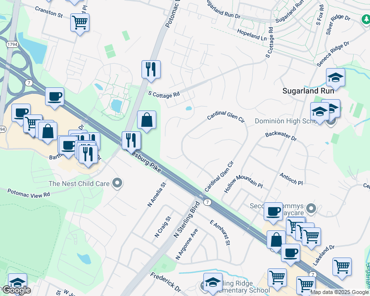 map of restaurants, bars, coffee shops, grocery stores, and more near 408 Cardinal Glen Circle in Sterling