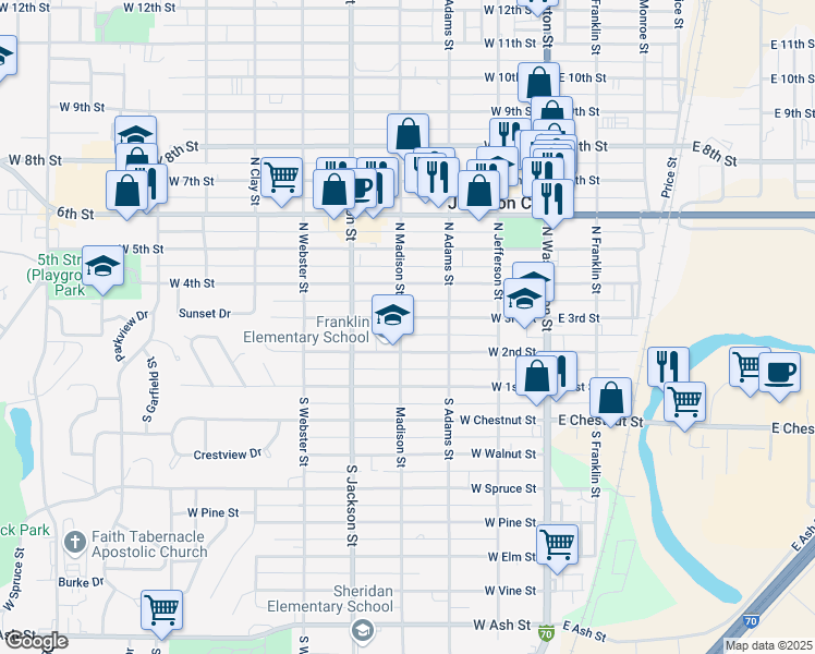 map of restaurants, bars, coffee shops, grocery stores, and more near 225 North Madison Street in Junction City