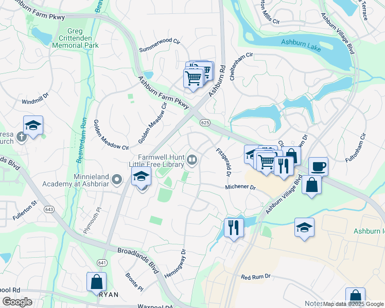 map of restaurants, bars, coffee shops, grocery stores, and more near 21369 Sawyer Square in Ashburn