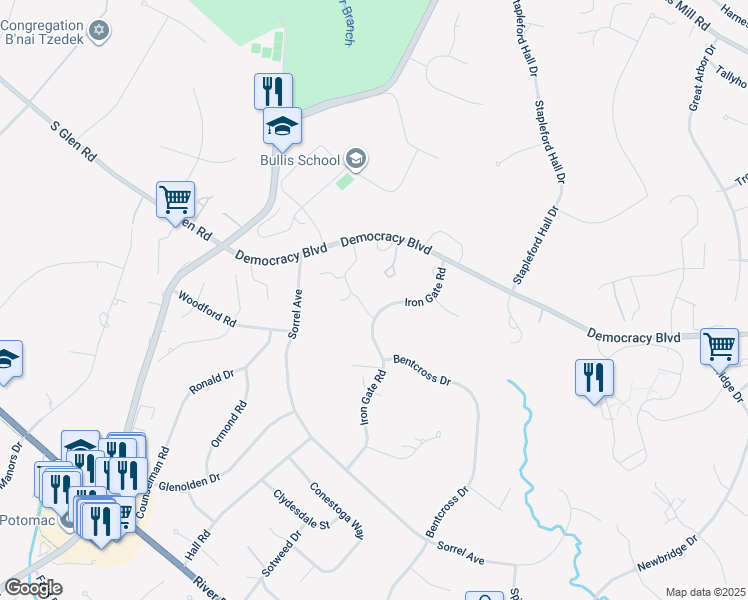 map of restaurants, bars, coffee shops, grocery stores, and more near 10222 Iron Gate Road in Potomac