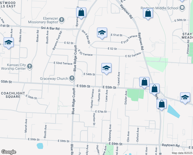 map of restaurants, bars, coffee shops, grocery stores, and more near 8954 East 54th Street in Raytown