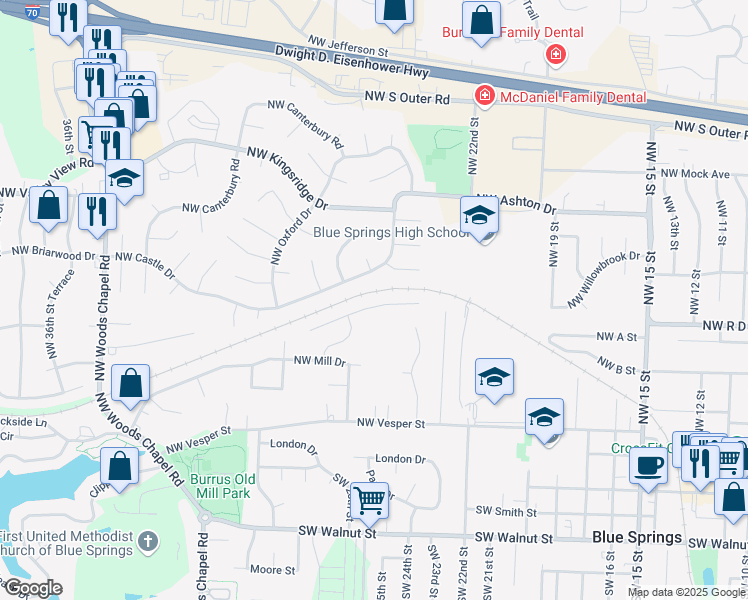 map of restaurants, bars, coffee shops, grocery stores, and more near 2501 Northwest Richard Drive in Blue Springs