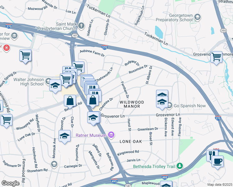 map of restaurants, bars, coffee shops, grocery stores, and more near 6017 Cheshire Drive in Bethesda