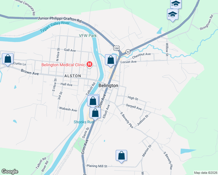 map of restaurants, bars, coffee shops, grocery stores, and more near in Belington