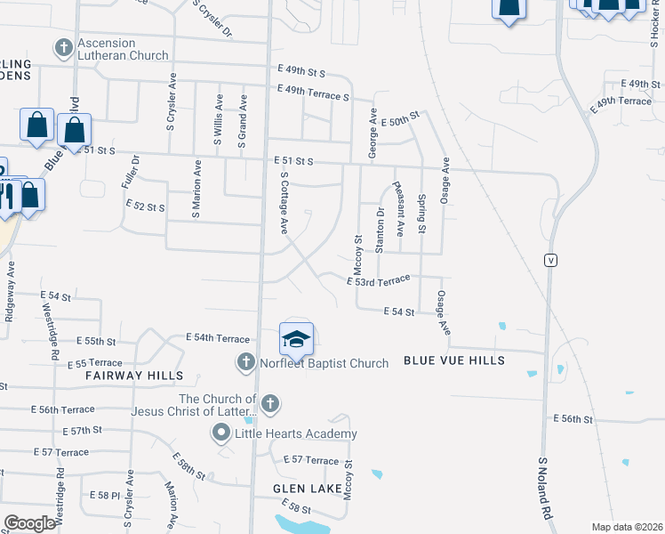 map of restaurants, bars, coffee shops, grocery stores, and more near 13100 East 53rd Street in Kansas City