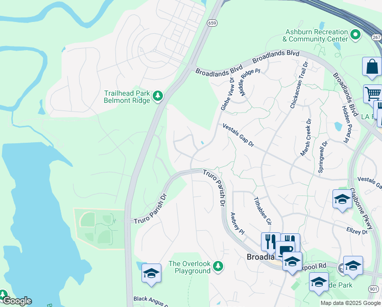 map of restaurants, bars, coffee shops, grocery stores, and more near 21404 Sturman Place in Ashburn