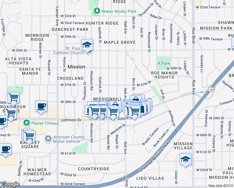 map of restaurants, bars, coffee shops, grocery stores, and more near 5739 Maple Street in Mission