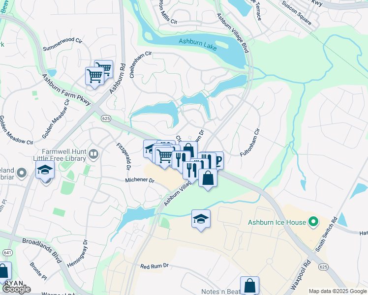 map of restaurants, bars, coffee shops, grocery stores, and more near 21368 Clappertown Drive in Ashburn
