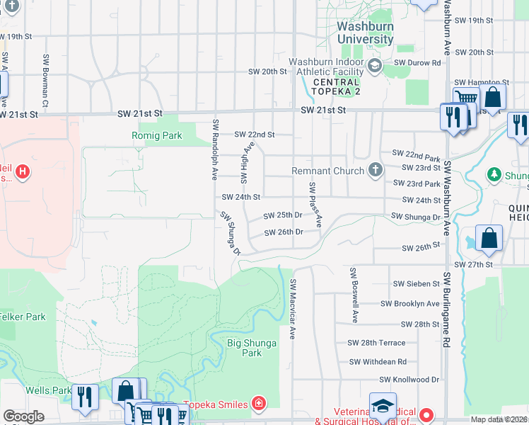 map of restaurants, bars, coffee shops, grocery stores, and more near 2417 Southwest 24th Street in Topeka
