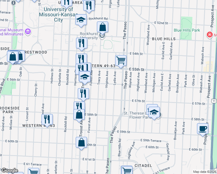 map of restaurants, bars, coffee shops, grocery stores, and more near 5540 Virginia Avenue in Kansas City