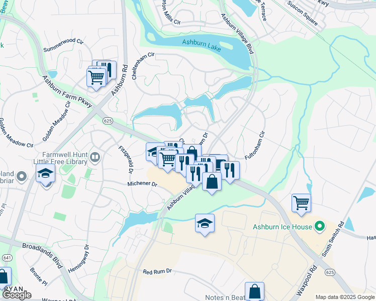 map of restaurants, bars, coffee shops, grocery stores, and more near 21368 Clappertown Drive in Ashburn
