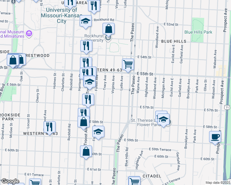 map of restaurants, bars, coffee shops, grocery stores, and more near 5540 Virginia Avenue in Kansas City